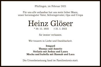 Anzeige von Heinz Glöser von Reutlinger General-Anzeiger