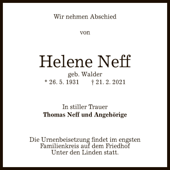 Anzeige von Helene Neff von Reutlinger General-Anzeiger