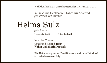 Anzeige von Helma Sulz von Reutlinger General-Anzeiger