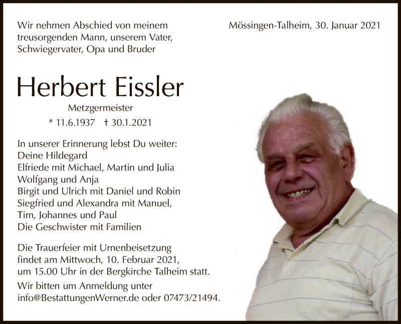  Traueranzeige für Herbert Eissler vom 05.02.2021 aus Reutlinger General-Anzeiger