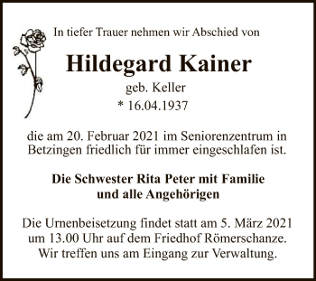Anzeige von Hildegard Kainer von Reutlinger General-Anzeiger