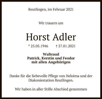 Anzeige von Horst Adler von Reutlinger General-Anzeiger