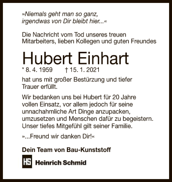 Anzeige von Hubert Einhart von Reutlinger General-Anzeiger