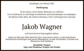 Anzeige von Jakob Wagner von Reutlinger General-Anzeiger