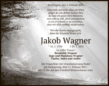 Anzeige von Jakob Wagner von Reutlinger General-Anzeiger