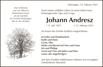 Anzeige von Johann Andresz von Reutlinger General-Anzeiger