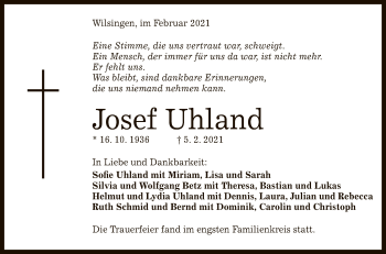 Anzeige von Josef Uhland von Reutlinger General-Anzeiger