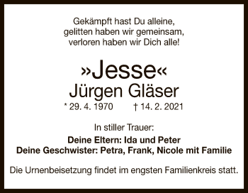 Anzeige von Jürgen Gläser von Reutlinger General-Anzeiger