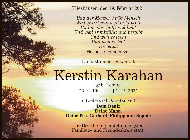  Traueranzeige für Kerstin Karahan vom 23.02.2021 aus Reutlinger General-Anzeiger