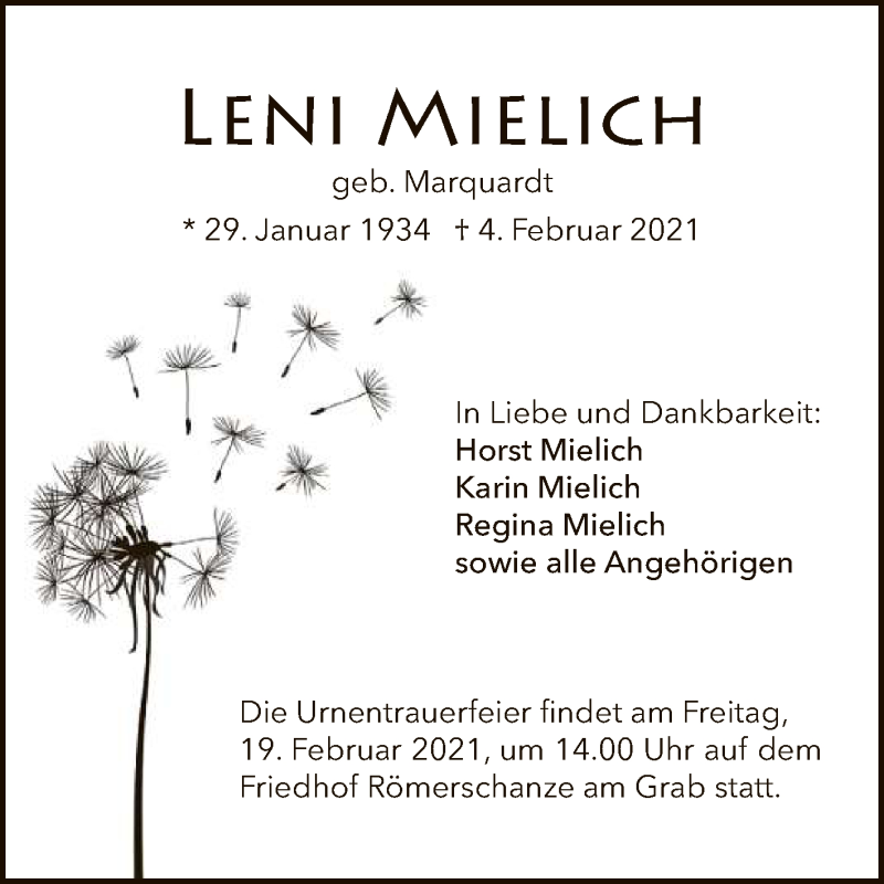  Traueranzeige für Leni Mielich vom 06.02.2021 aus Reutlinger General-Anzeiger