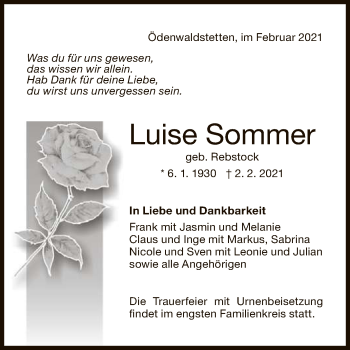 Anzeige von Luise Sommer von Reutlinger General-Anzeiger