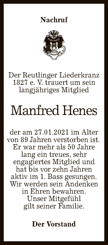 Anzeige von Manfred Henes von Reutlinger General-Anzeiger