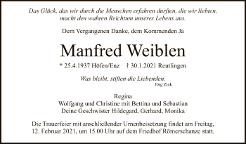 Anzeige von Manfred Weiblen von Reutlinger General-Anzeiger