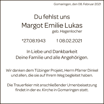 Anzeige von Margot Emilie Lukas von Reutlinger General-Anzeiger