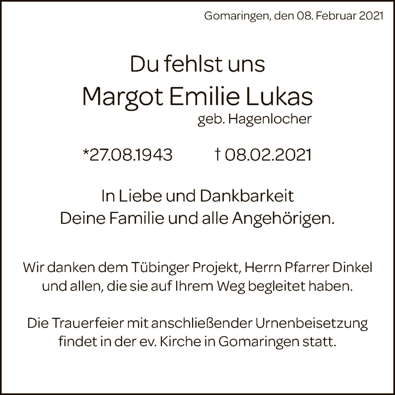  Traueranzeige für Margot Emilie Lukas vom 18.02.2021 aus Reutlinger General-Anzeiger