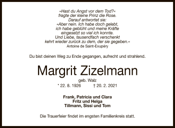 Anzeige von Margrit Zizelmann von Reutlinger General-Anzeiger