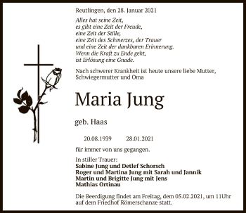 Anzeige von Maria Jung von Reutlinger General-Anzeiger