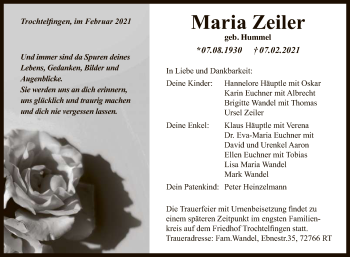 Anzeige von Maria Zeiler von Reutlinger General-Anzeiger