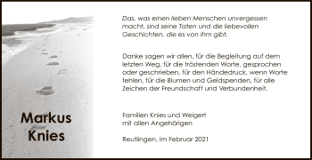 Anzeige von Markus Knies von Reutlinger General-Anzeiger