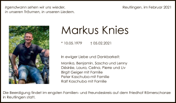 Anzeige von Markus Knies von Reutlinger General-Anzeiger