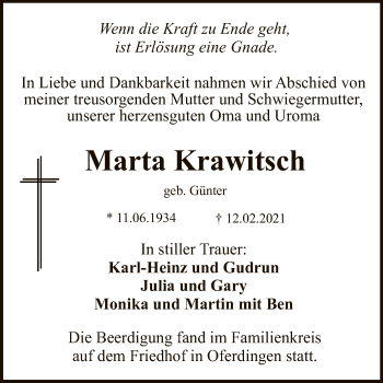 Anzeige von Marta Krawitsch von Reutlinger General-Anzeiger