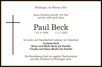 Anzeige von Paul Beck von Reutlinger General-Anzeiger