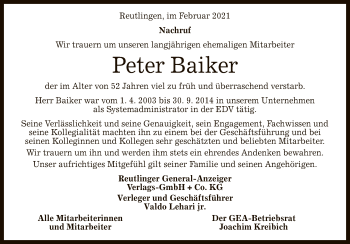 Anzeige von Peter Baiker von Reutlinger General-Anzeiger