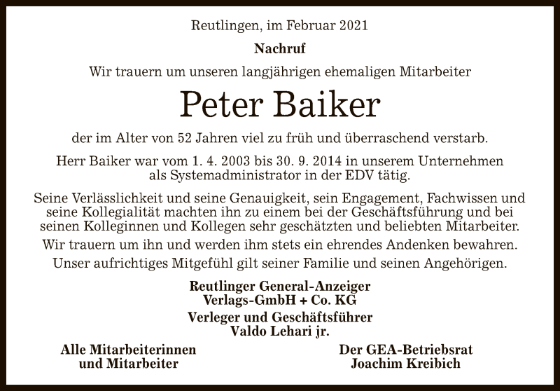  Traueranzeige für Peter Baiker vom 02.02.2021 aus Reutlinger General-Anzeiger