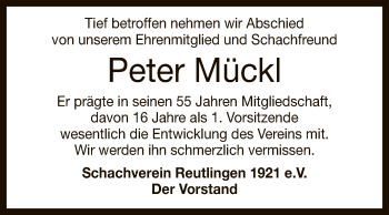 Anzeige von Peter Mückl von Reutlinger General-Anzeiger