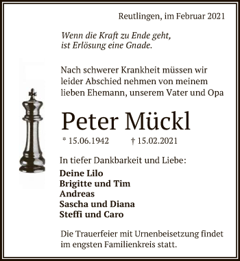 Anzeige von Peter Mückl von Reutlinger General-Anzeiger