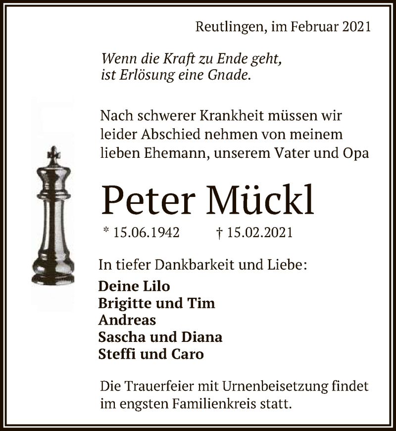  Traueranzeige für Peter Mückl vom 20.02.2021 aus Reutlinger General-Anzeiger