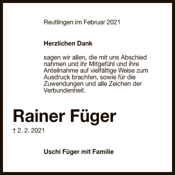 Anzeige von Rainer Füger von Reutlinger General-Anzeiger