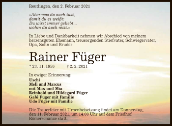 Anzeige von Rainer Füger von Reutlinger General-Anzeiger
