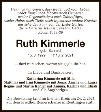 Anzeige von Ruth Kimmerle von Reutlinger General-Anzeiger