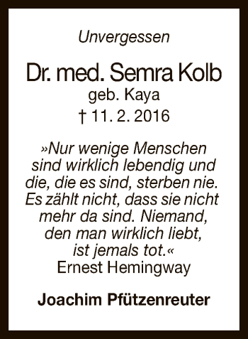 Anzeige von Semra Kolb von Reutlinger General-Anzeiger