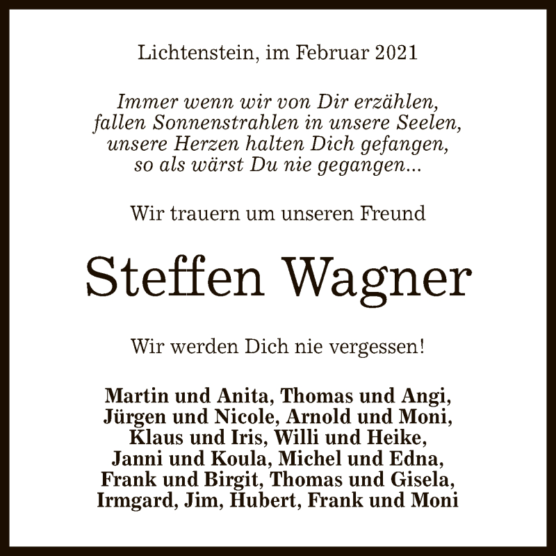  Traueranzeige für Steffen Wagner vom 15.02.2021 aus Reutlinger General-Anzeiger