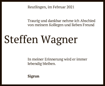 Anzeige von Steffen Wagner von Reutlinger General-Anzeiger