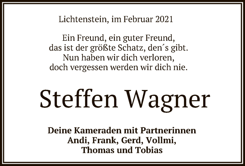  Traueranzeige für Steffen Wagner vom 11.02.2021 aus Reutlinger General-Anzeiger