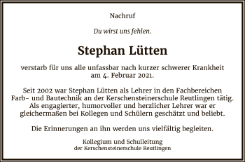 Anzeige von Stephan Lütten von Reutlinger General-Anzeiger
