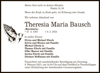 Anzeige von Theresia Maria Bausch von Reutlinger General-Anzeiger