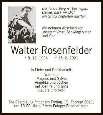 Anzeige von Walter Rosenfelder von Reutlinger General-Anzeiger