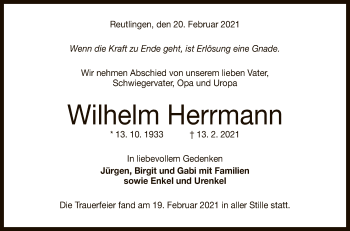 Anzeige von Wilhelm Herrmann von Reutlinger General-Anzeiger