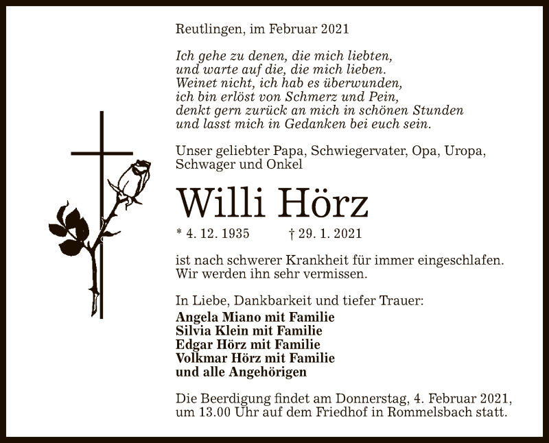 Traueranzeige für Willi Hörz vom 02.02.2021 aus Reutlinger General-Anzeiger