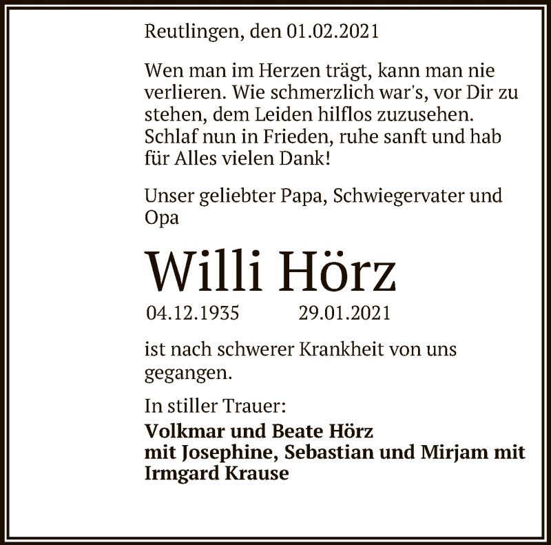  Traueranzeige für Willi Hörz vom 03.02.2021 aus Reutlinger General-Anzeiger