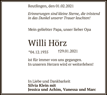 Anzeige von Willi Hörz von Reutlinger General-Anzeiger