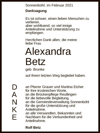 Anzeige von Alexandra Betz von Reutlinger General-Anzeiger