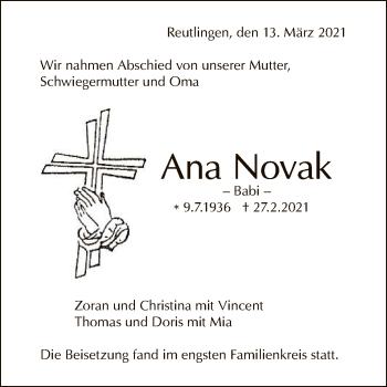 Anzeige von Ana Novak von Reutlinger General-Anzeiger