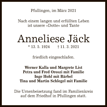 Anzeige von Anneliese Jäck von Reutlinger General-Anzeiger