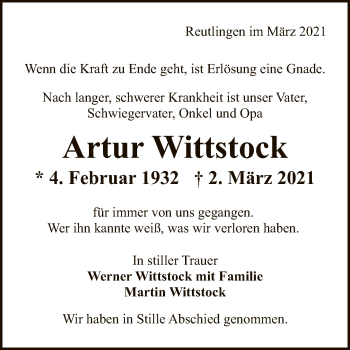 Anzeige von Artur Wittstock von Reutlinger General-Anzeiger