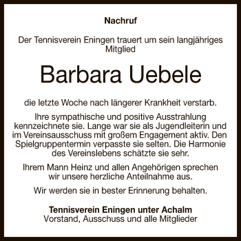 Anzeige von Barbara Uebele von Reutlinger General-Anzeiger